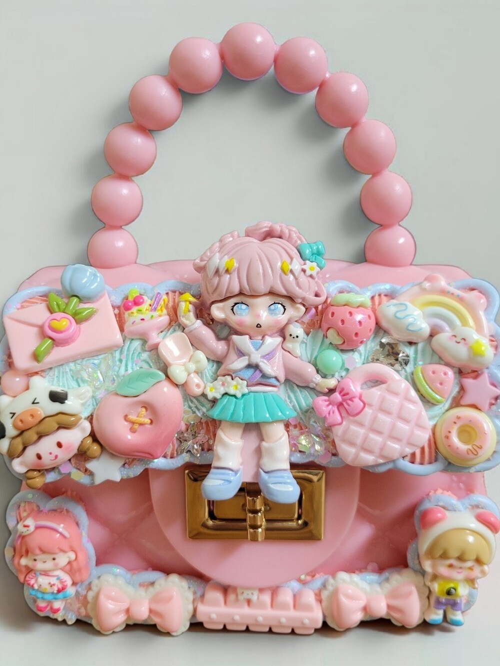 Kawaii Pink Beaded Handle Mini Purse with Cute Doll Charms